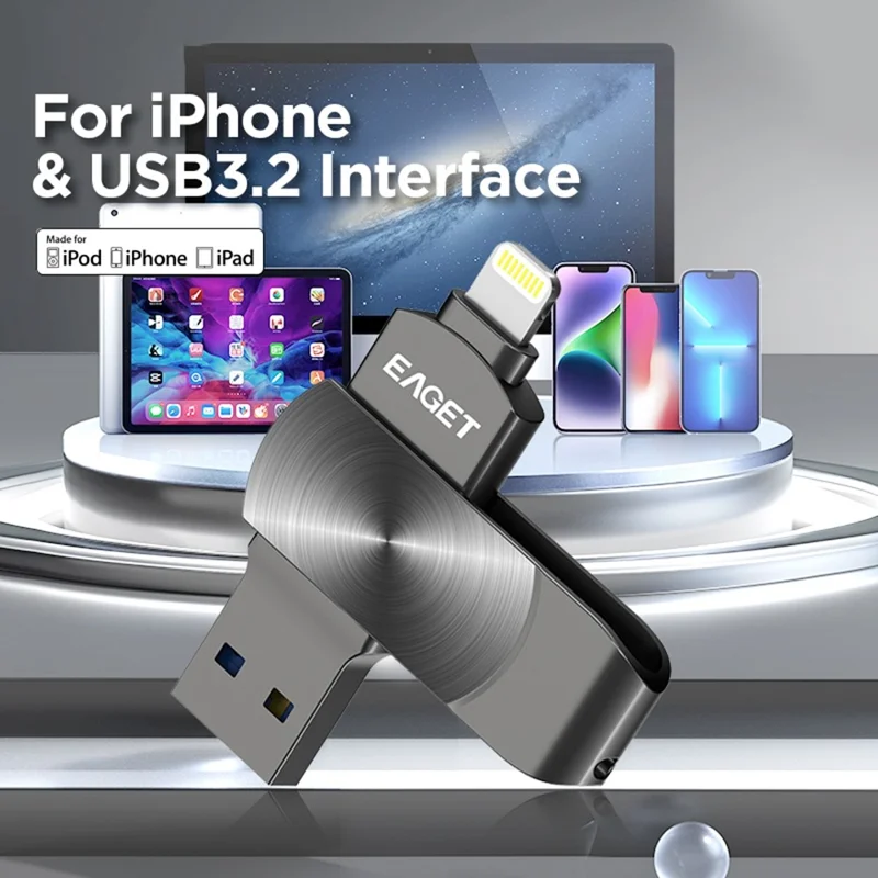 EAGET I66 128GB U Disk MFI Certificated Lightning + USB 3.2 Metal Rotating Flash Drive for iPhone iPad Mac - Black