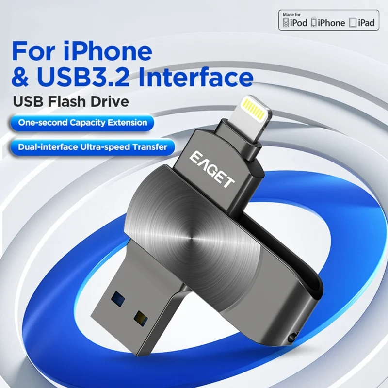 EAGET I66 128GB U Disk MFI Certificated Lightning + USB 3.2 Metal Rotating Flash Drive for iPhone iPad Mac - Black