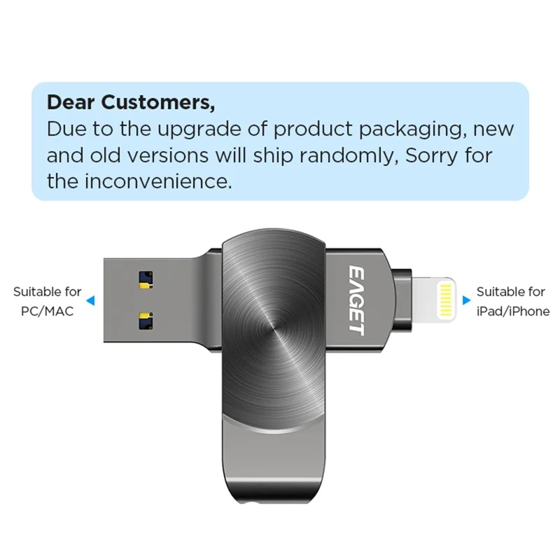 EAGET I66 128GB U Disk MFI Certificated Lightning + USB 3.2 Metal Rotating Flash Drive for iPhone iPad Mac - Black
