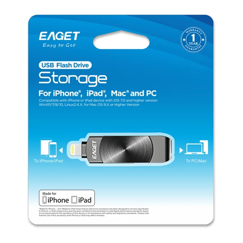 EAGET I66 256GB U Disk MFI Certificated Lightning + USB 3.2 Metal Rotating Flash Drive for iPhone iPad Mac - Black
