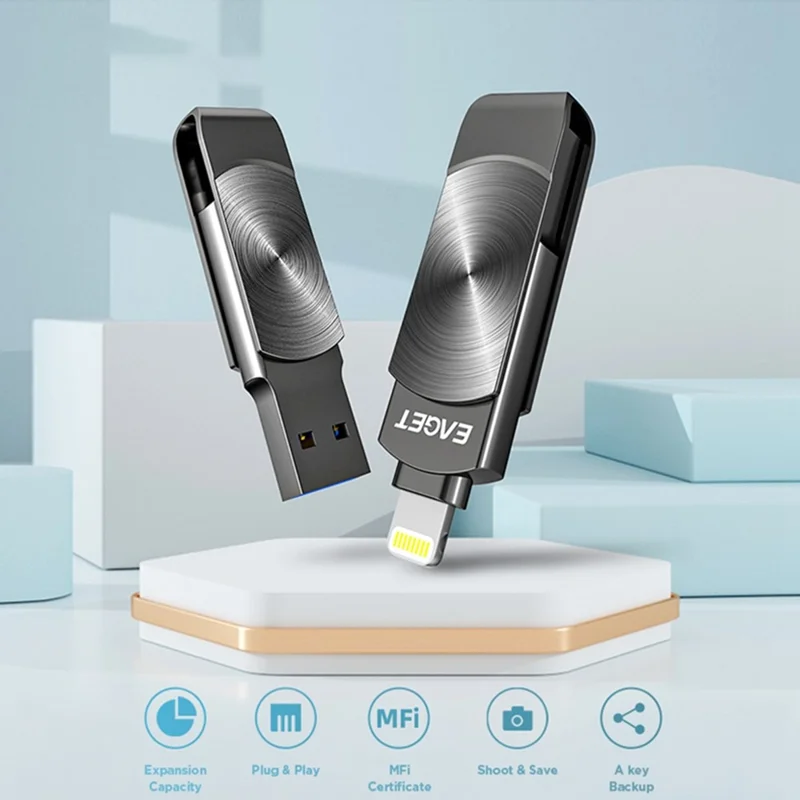 EAGET I66 256GB U Disk MFI Certificated Lightning + USB 3.2 Metal Rotating Flash Drive for iPhone iPad Mac - Black