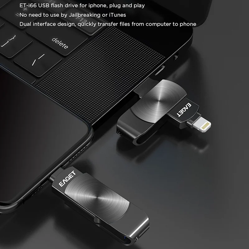 EAGET I66 256GB U Disk MFI Certificated Lightning + USB 3.2 Metal Rotating Flash Drive for iPhone iPad Mac - Black