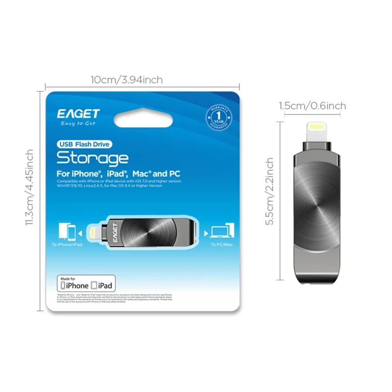 EAGET I66 512GB U Disk MFI Certificated Lightning + USB 3.2 Metal Rotating Flash Drive for iPhone iPad Mac - Black