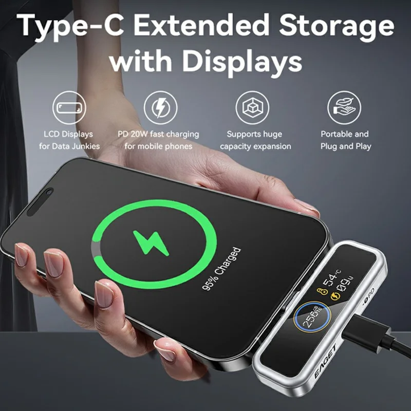 EAGET I30PRO 256GB Type-C Plug Flash Drive LCD Display Memory Stick PD 20W Fast Charging