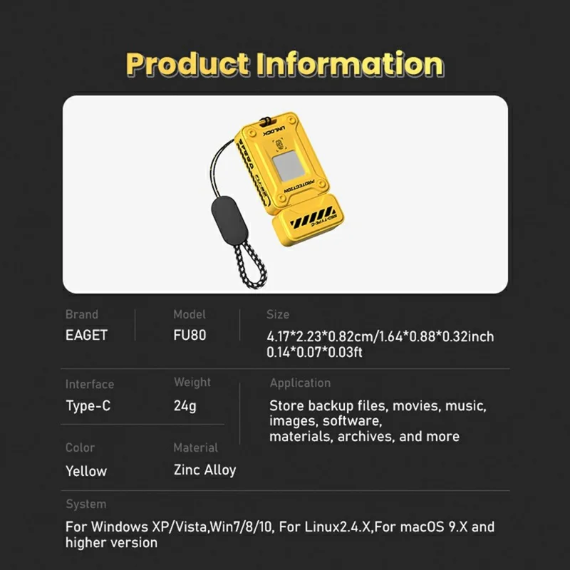 EAGET FU80 128GB Type-C Flash Drive Zinc Alloy Fingerprint Encryption 256-bit AES Portable U Disk - Yellow