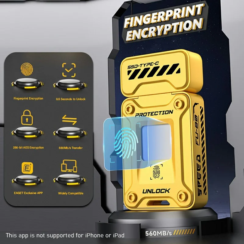 EAGET FU80 128GB Type-C Flash Drive Zinc Alloy Fingerprint Encryption 256-bit AES Portable U Disk - Yellow