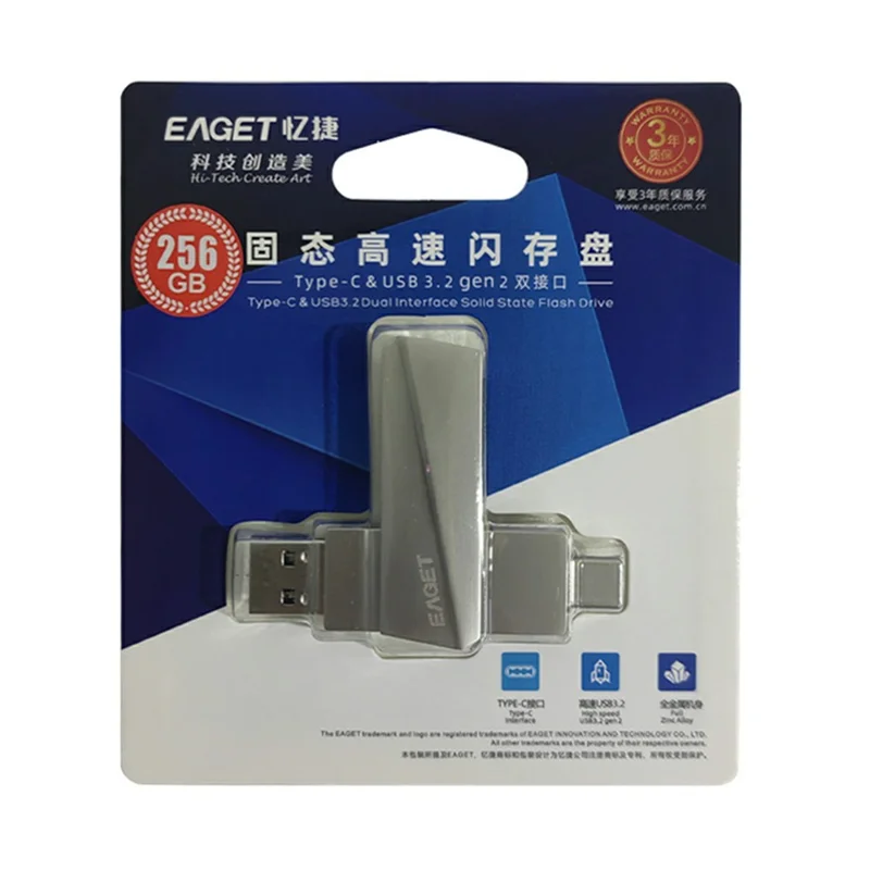 EAGET SU60 512GB USB3.2 + Type-C Dual-Schnittstellen-USB-Stick aus Zinklegierung mit 360-Grad-Drehung