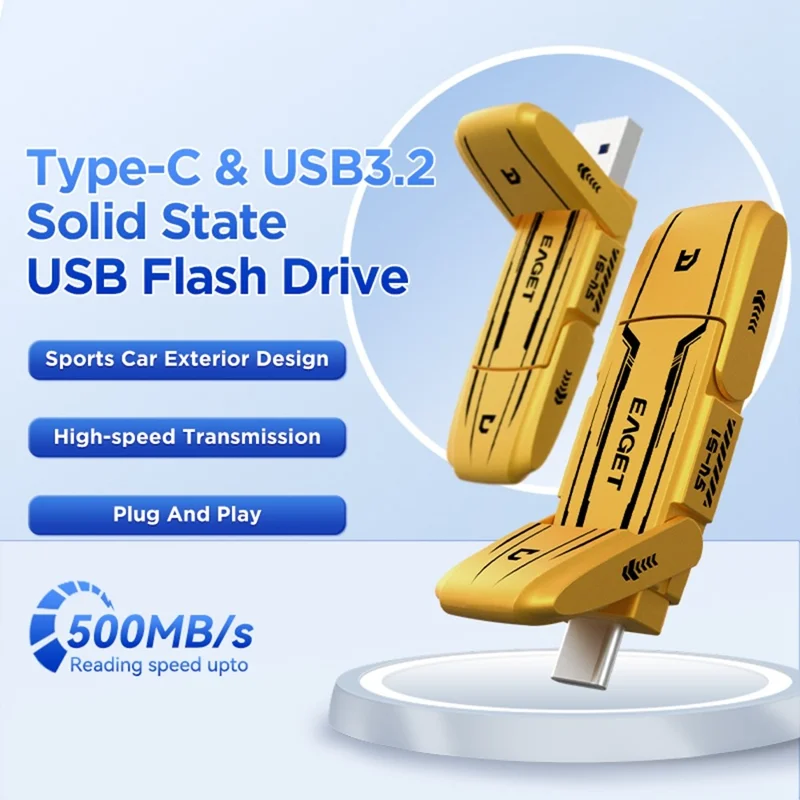 EAGET SU96 256GB USB Flash Drive USB3.2 + Type-C Dual Interface Zinc Alloy Solid State Pen Drive - Yellow