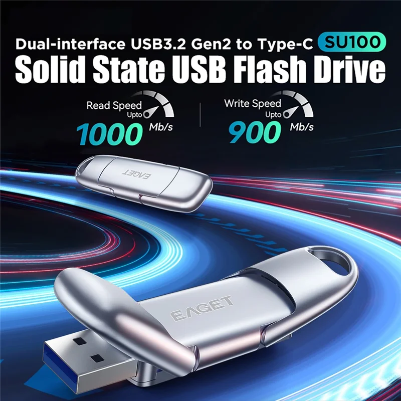 EAGET SU100 1TB USB3.2 Gen2 Type-A + Type-C Dual-Interface-USB-Stick aus Zinklegierung mit Solid-State-Technologie – Silber