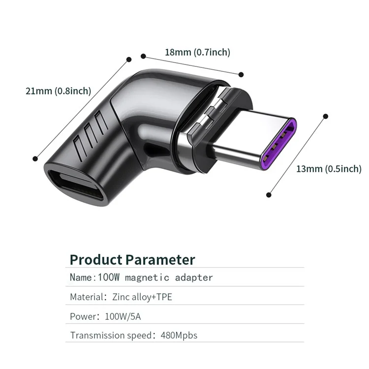 5A 100W PD Side Magnetic Suction Adapter Type-C Elbow Fast Charging Converter Plug for MacBook - Black