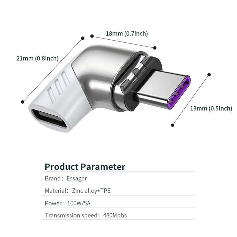 5A 100W PD Side Magnetic Suction Adapter Type-C Elbow Fast Charging Converter Plug for MacBook - Silver
