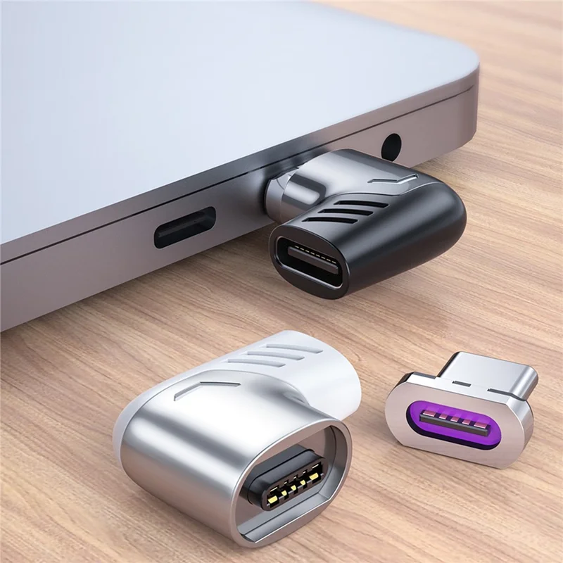 5A 100W PD Side Magnetic Suction Adapter Type-C Elbow Fast Charging Converter Plug for MacBook - Silver