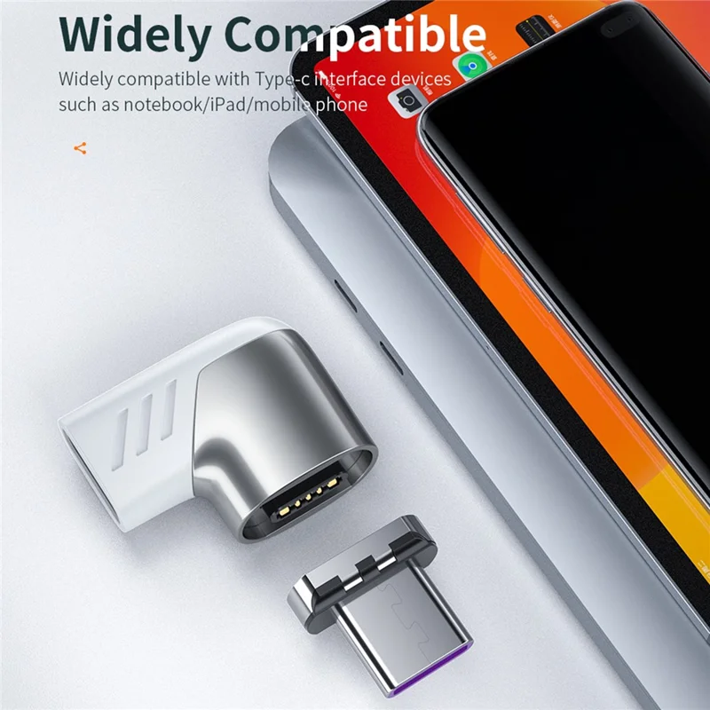 5A 100W PD Side Magnetic Suction Adapter Type-C Elbow Fast Charging Converter Plug for MacBook - Silver