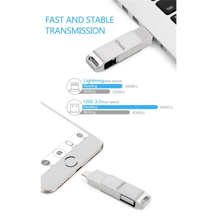 IDISKK MFI Certificato 64G 2-in-1 Lightning + USB 3.0 High Speed Metal Rotating U-Disk Flash Driver per iPhone iPad MacBook