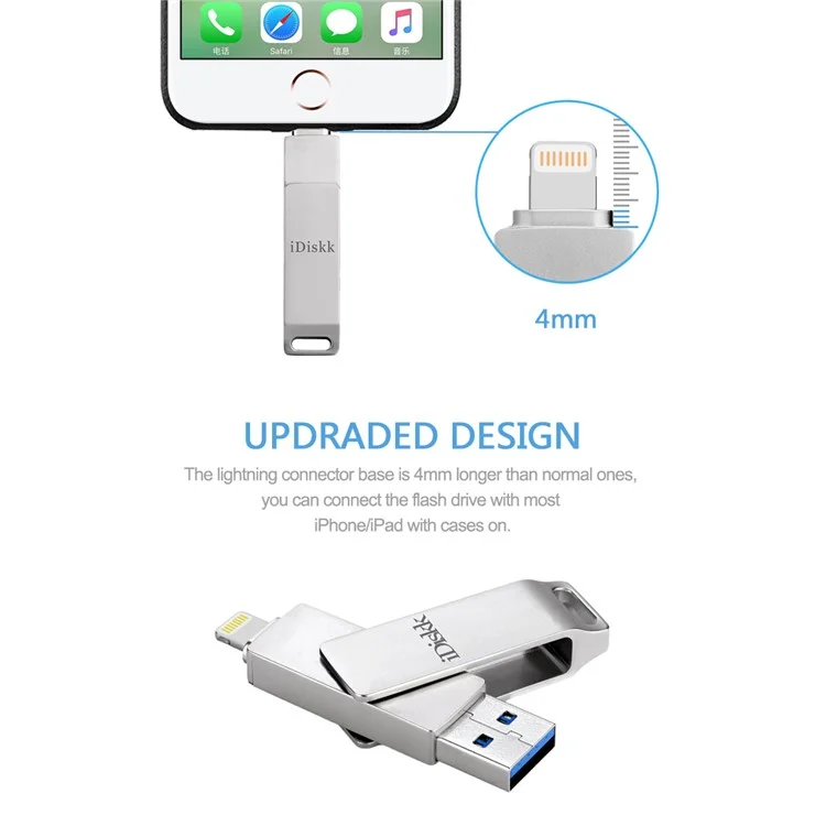 IDISKK MFI Certificado 64G 2-1 Lightning + USB 3.0 Metal de Altura de Alta Velocidade Driver de Flash em Uphone Para Iphone MacBook