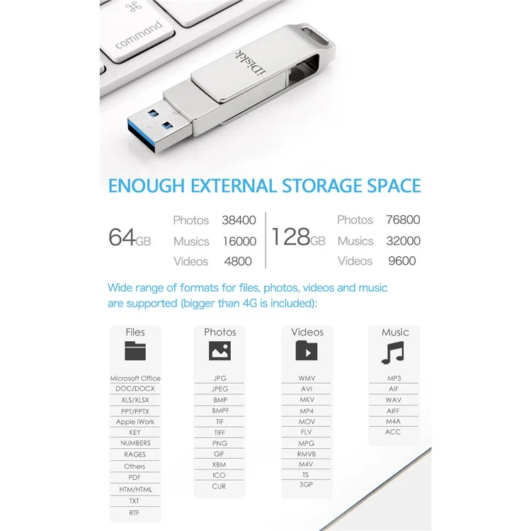 IDISKK MFI Certificato 64G 2-in-1 Lightning + USB 3.0 High Speed Metal Rotating U-Disk Flash Driver per iPhone iPad MacBook