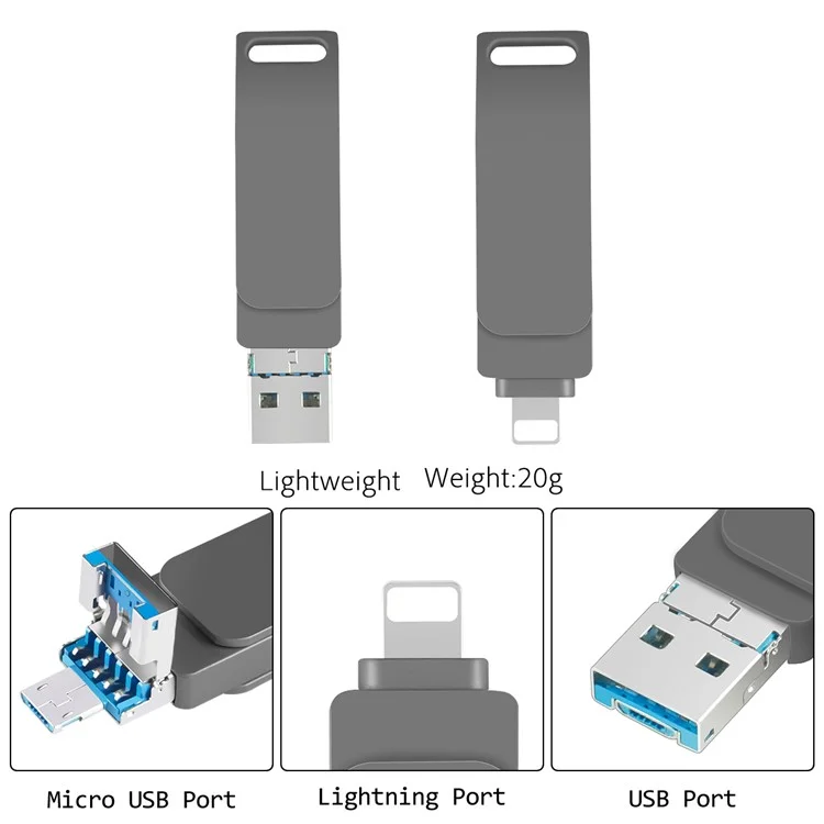 RICHWELL R-PK004 256 GB Externer Speicher OTG U Disk Memory Stick 3 in 1 Lightning/Micro USB/USB 3.0 Flash Drive - Silber
