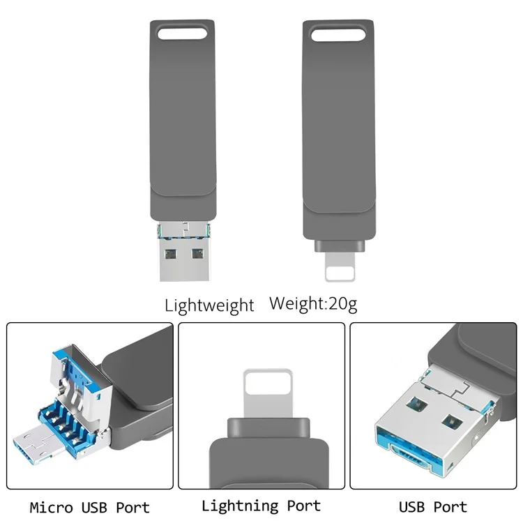 RICHWELL R-PK004 8GB Pen Drive Portátil 3 em 1 Lightning/Micro USB/USB 3.0 - Prata