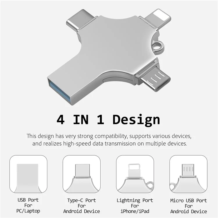 RICHWELL R-SZPM 16G Computer Adapter 4-in-1 USB 3.0 Flash Drive Type C/Lightning/Micro USB Convertor External Storage Thumb Drive for Phones and Computers - Silver