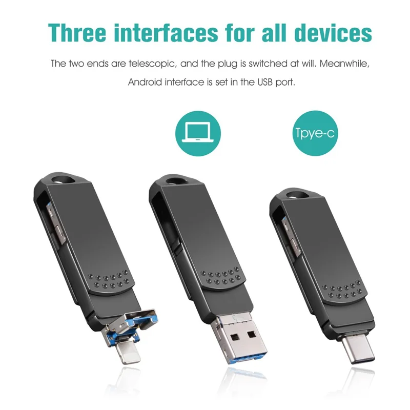 RICHWELL 512GB Large Capacity Thumb Drive Swivel Memory Stick Type C/Lightning/USB 3 in 1 USB 3.0 Flash Drive - Black