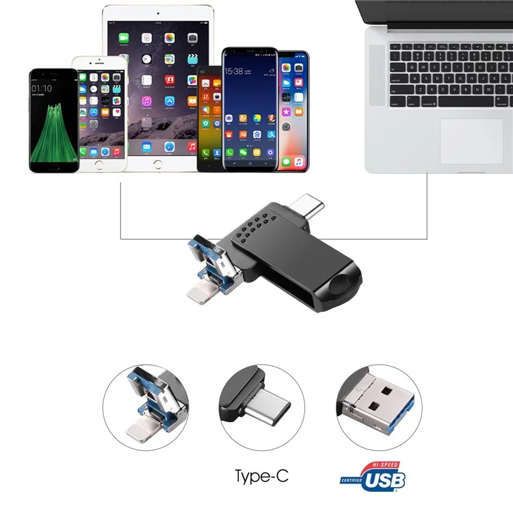RICHWELL 512GB Large Capacity Thumb Drive Swivel Memory Stick Type C/Lightning/USB 3 in 1 USB 3.0 Flash Drive - Pink