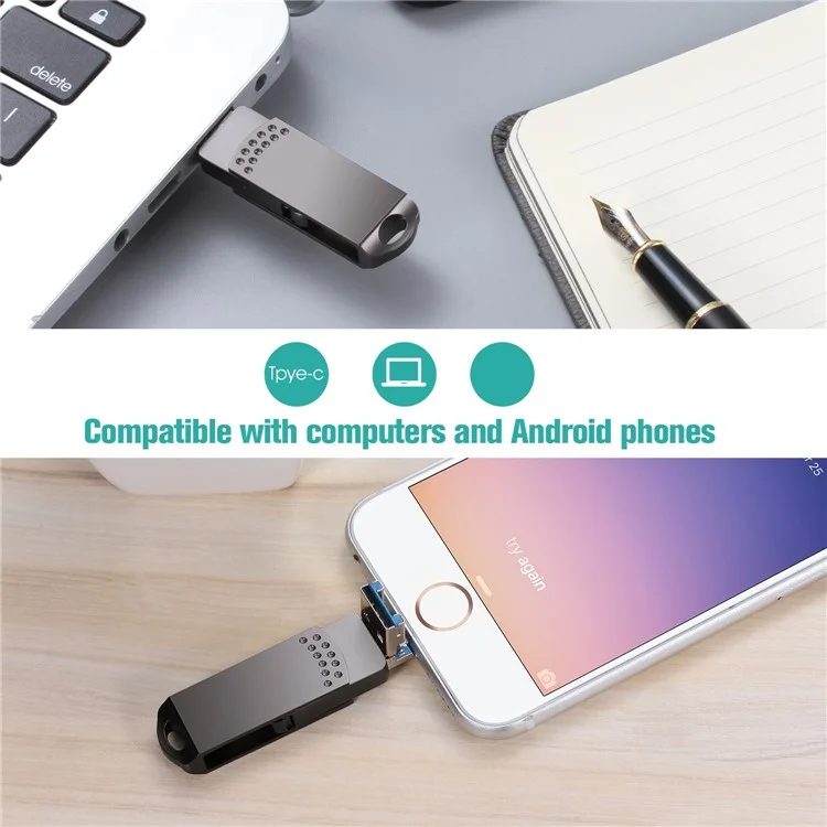 RICHWELL 128GB Typ-C / iP / USB 3-in-1 Drehbarer Speicherstick USB 3.0 Flashdrive - Schwarz