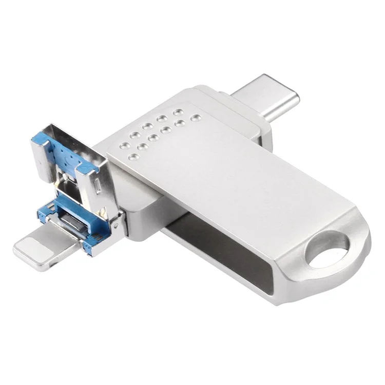 RICHWELL 128GB Type-C/iP/USB 3 in 1 Thumb Drive Swivel Memory Stick USB 3.0 Flash Drive - Silver