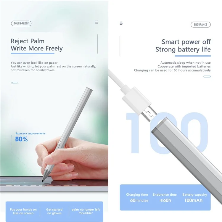 Porta de Carregamento Micro USB WR18 Caneta Stylus para Laptop Sensibilidade à Inclinação 4096 Nível de Pressão Rejeição de Palma Caneta Capacitiva