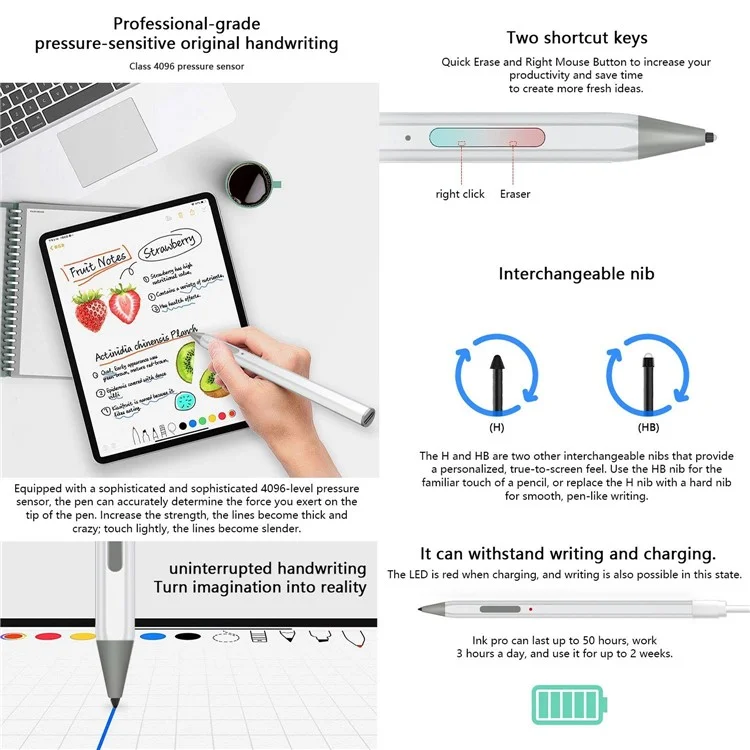 Porta de Carregamento Micro USB WR18 Caneta Stylus para Laptop Sensibilidade à Inclinação 4096 Nível de Pressão Rejeição de Palma Caneta Capacitiva
