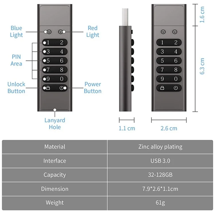 64G Encrypted Thumb Drive Hardware Password Memory Stick USB 3.0 U Disk for Privacy Protection (CE Certificated)