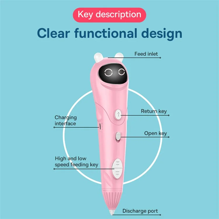 Caneta Profissional de Impressão 3D de Baixa Temperatura para Crianças - Desenho Tridimensional Portátil Sem Fio - Rosa Claro