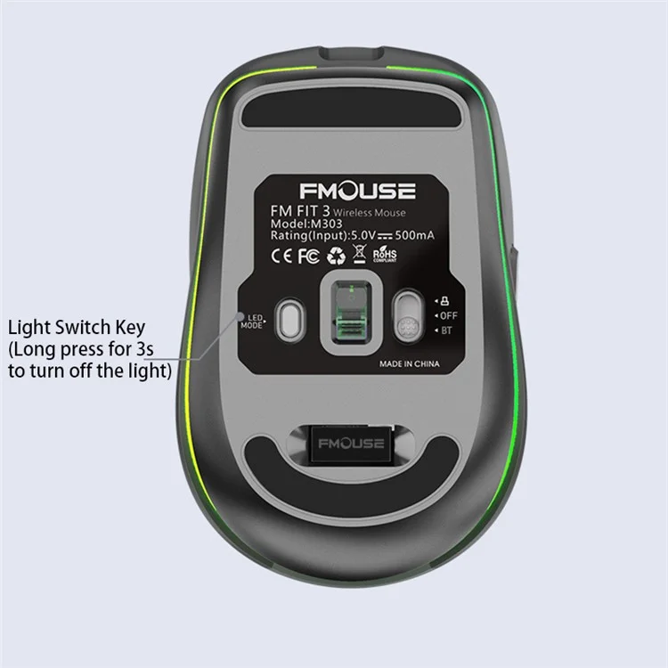 FMOUSE M303 Modo Dual de Mouse Bluetooth Inalámbrico (Bluetooth 5.1 + USB) 2.4GHz Bluetooth Mouse Inalámbrico Ratón de Juegos Silencioso Recargable Con Luces RGB - Rosa