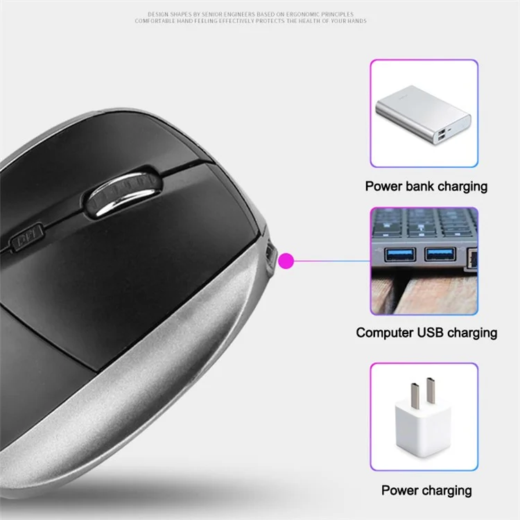 2,4 Ghz de Mouse Sem Fio Mouse Vertical Mouse Óptico Ratos Ergonômicos Recarregáveis ​​para Computador, PC - Rosa