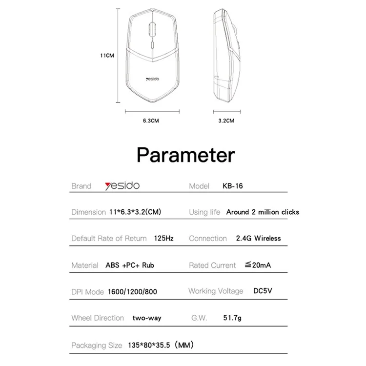 YESIDO KB16 2.4G Wireless Photoelectric Mouse 4 Key Quiet Ergonomic Computer Laptop Mice