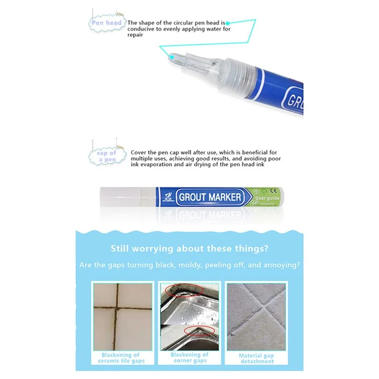 Caneta marcadora de grauteamento de azulejos TIANYI Pen Wall Seam para azulejos, piso, banheiro, ferramenta de reparo do selo de descontaminação - Preto 