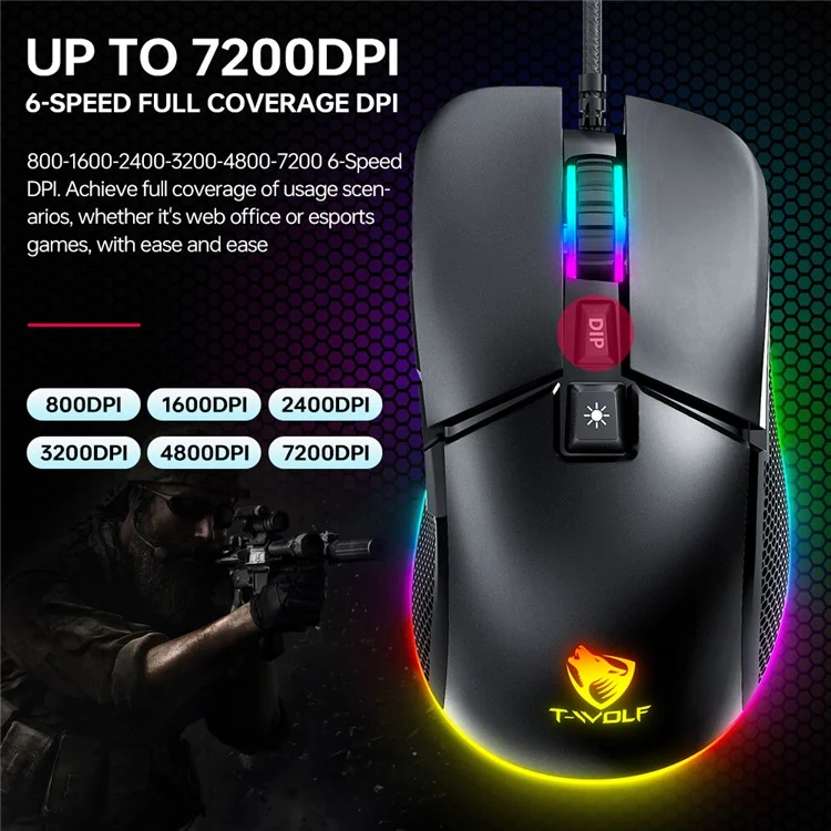 T-WOLF G590 USB Kabelgebundene Gaming-Maus RGB-Beleuchtung 800-7200DPI ABS Computer-Laptop-Mäuse