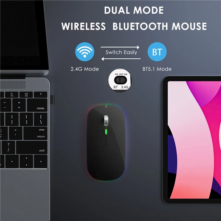 2.4g / Mouse Sem Fio de Modo Duplo Bluetooth Com Luz de Fundo, Mouse Portátil Silencioso Para Laptops, Tablets - Preto