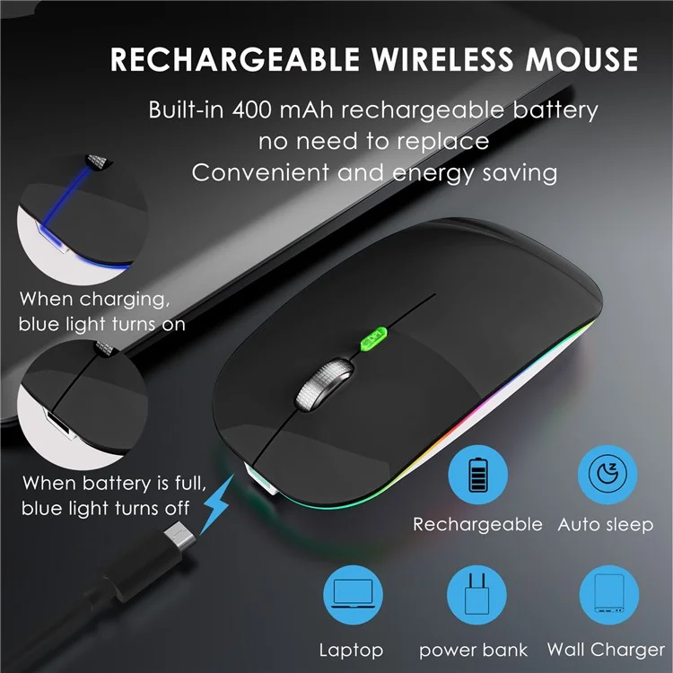 2.4g / Mouse Sem Fio de Modo Duplo Bluetooth Com Luz de Fundo, Mouse Portátil Silencioso Para Laptops, Tablets - Preto