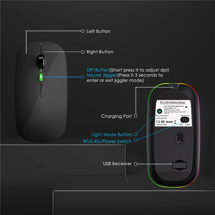 2,4 г / Bluetooth Dual Mode Беспроводная Мышь с Подсветкой, Тихая Портативная Мышь Jiggler Для Ноутбуков, Планшетов - Черный