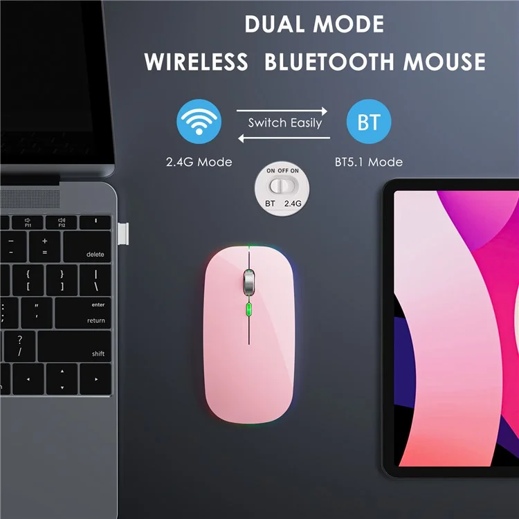 Souris sans fil Dual Mode 2,4 G / Bluetooth avec rétroéclairage, souris Jiggler silencieuse et portable pour ordinateurs portables, tablettes - Rose
