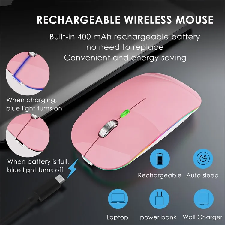 Souris sans fil Dual Mode 2,4 G / Bluetooth avec rétroéclairage, souris Jiggler silencieuse et portable pour ordinateurs portables, tablettes - Rose