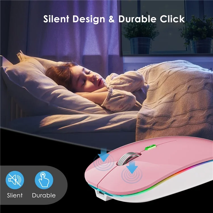 Souris sans fil Dual Mode 2,4 G / Bluetooth avec rétroéclairage, souris Jiggler silencieuse et portable pour ordinateurs portables, tablettes - Rose