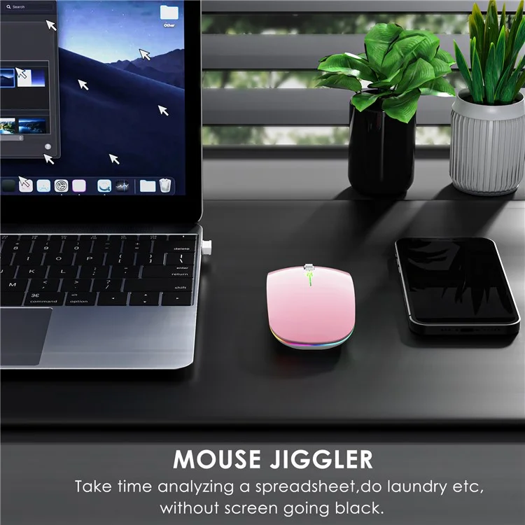 Souris sans fil Dual Mode 2,4 G / Bluetooth avec rétroéclairage, souris Jiggler silencieuse et portable pour ordinateurs portables, tablettes - Rose