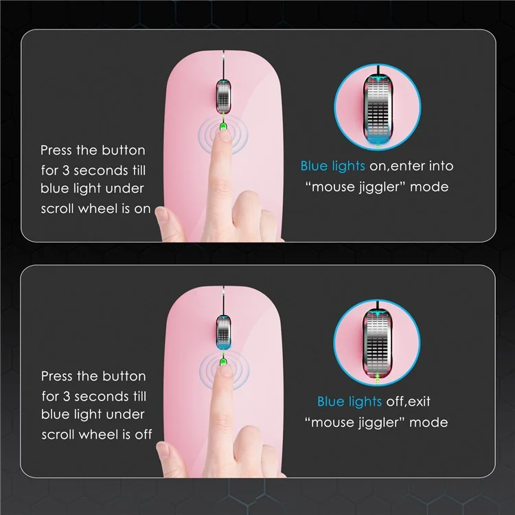 Souris sans fil Dual Mode 2,4 G / Bluetooth avec rétroéclairage, souris Jiggler silencieuse et portable pour ordinateurs portables, tablettes - Rose