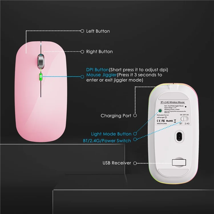 Souris sans fil Dual Mode 2,4 G / Bluetooth avec rétroéclairage, souris Jiggler silencieuse et portable pour ordinateurs portables, tablettes - Rose