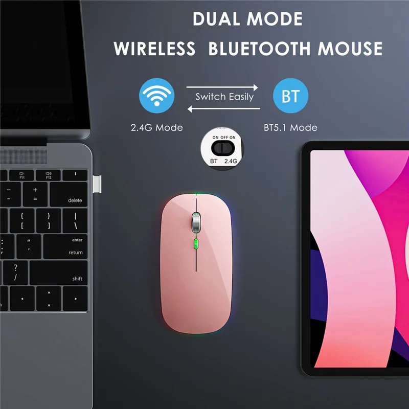 Mouse wireless a modalità doppia 2,4G/Bluetooth con retroilluminazione, mouse Jiggler portatile e silenzioso per laptop, tablet - Rosa Oro