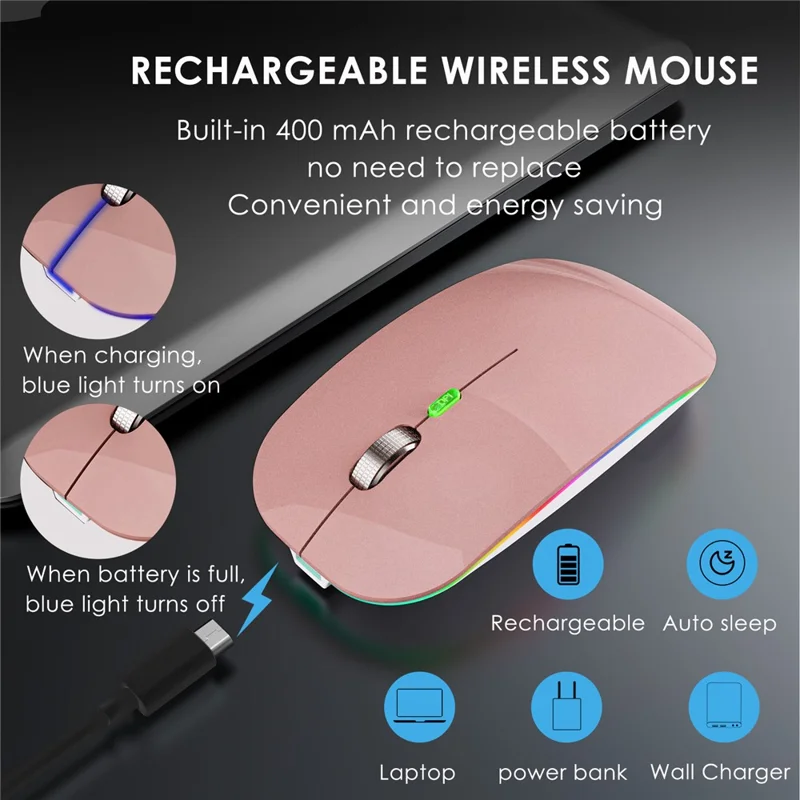 Mouse wireless a modalità doppia 2,4G/Bluetooth con retroilluminazione, mouse Jiggler portatile e silenzioso per laptop, tablet - Rosa Oro