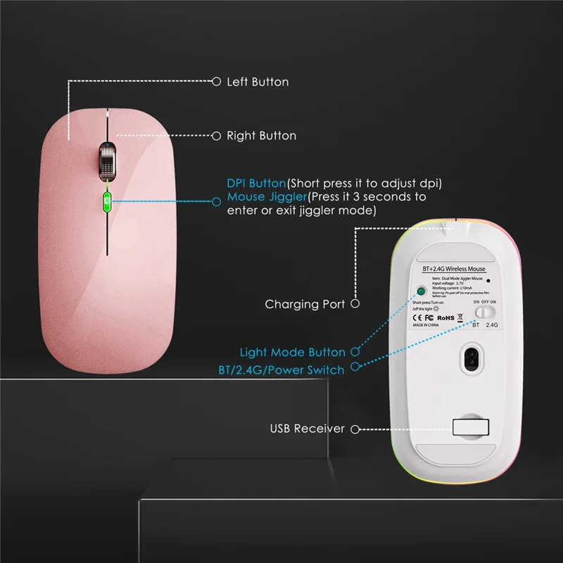 Mouse wireless a modalità doppia 2,4G/Bluetooth con retroilluminazione, mouse Jiggler portatile e silenzioso per laptop, tablet - Rosa Oro