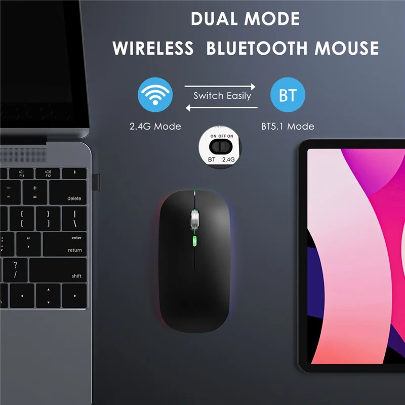Ratón inalámbrico con doble modo 2.4G / Bluetooth con retroiluminación, ratón Jiggler portátil silencioso para portátiles, tabletas - Negro mate