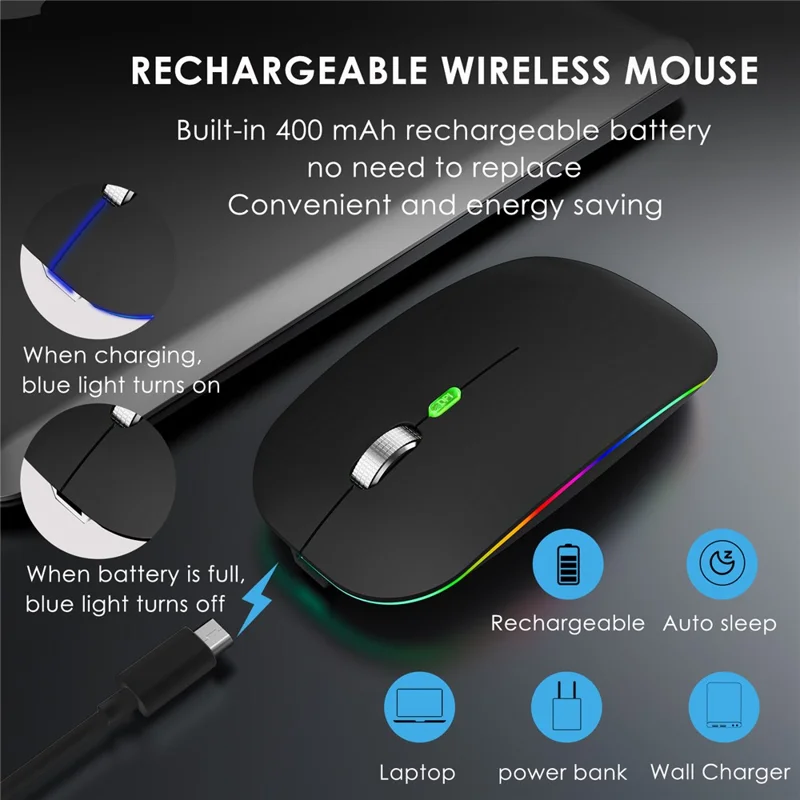 Ratón inalámbrico con doble modo 2.4G / Bluetooth con retroiluminación, ratón Jiggler portátil silencioso para portátiles, tabletas - Negro mate